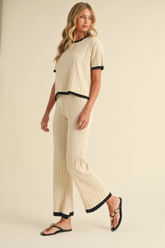 Women's Sweater Set with Cowl Neck -Belle Short Sleeve Ribbed Sweater Top And Pants Set Cream Women's Sweater Set with Cowl Neck -Belle Short Sleeve Ribbed Sweater Top And Pants Set Cream