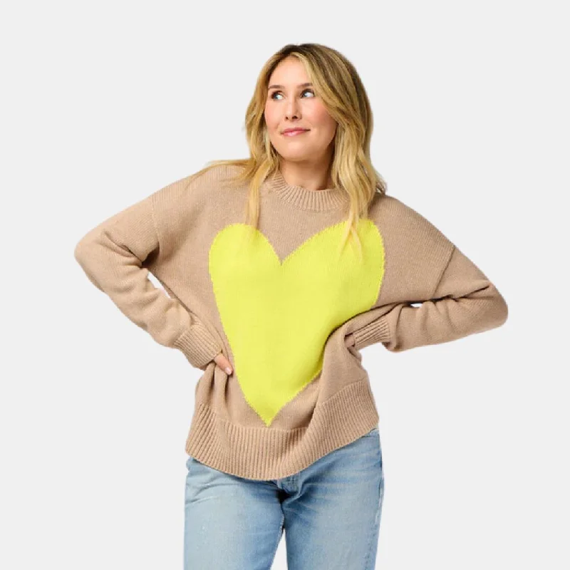 Knit Tops with Embellishments-Benton Imperfect Heart Sweater (Taupe + Citron)