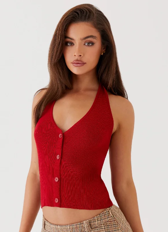 Women's Knit Sweater with Floral Embroidery -Bettie Knit Halter Top - Red