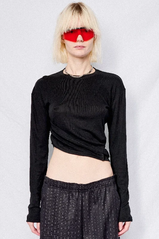Women's Textured Long Sleeve T-shirt for Casual Wear -Black Bamboo Twisted Long Sleeve Tee Women's Textured Long Sleeve T-shirt for Casual Wear -Black Bamboo Twisted Long Sleeve Tee