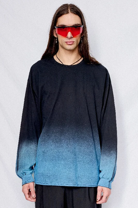 Women's Casual Long Sleeve T-shirt with Soft Texture -Black/Blue Airbrush Long Sleeve Tee