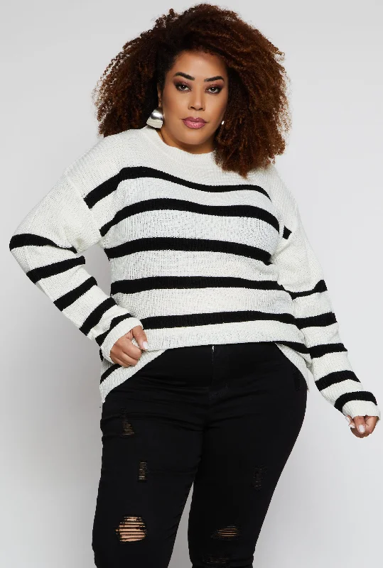 Women's Casual Knit Pullover Sweater for Chilly Days-Plus Size Striped Knit Pullover Sweater
