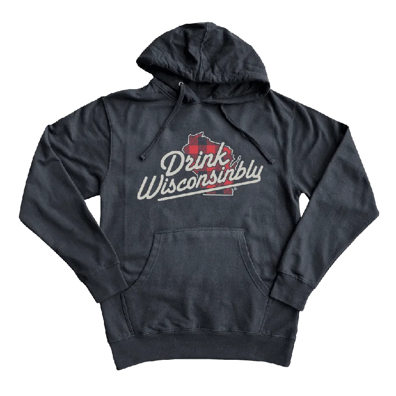 Women's Sweatshirts with Ribbed Sleeves -Black Plaid Logo Hoodie