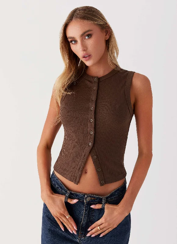 Knit Tops with Straight Cut-Blair Buttoned Knit Top - Chocolate