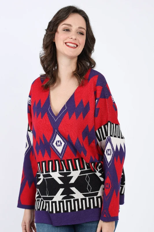 Women's Warm Cashmere Knit Pullover Sweater-Blanket Red Print Pullover