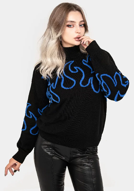 Women's Trendy Pullovers Sweater for Fall-Blaze Flame Knit Jumper - Blue