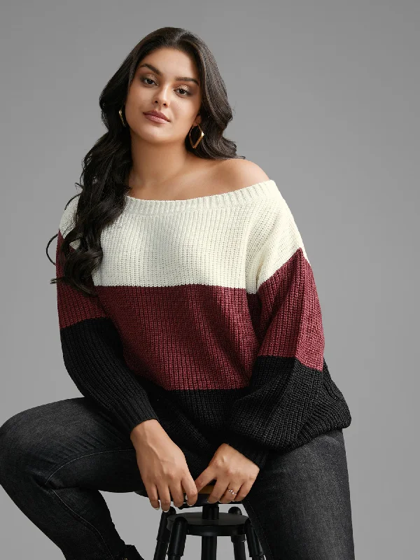 Women's Loose Fit Knit Pullovers Sweater-Boat Neck Colorblock Contrast Pullover