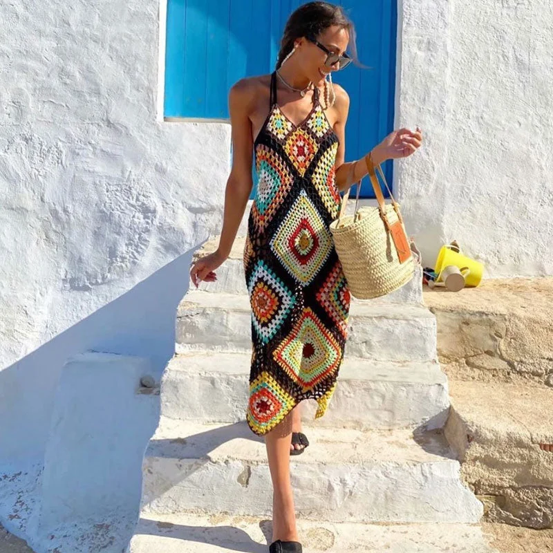 Women's Sweaterdress with Belted Style -Bohemian Sleeveless Open Back Contrast Granny Square Crochet Knit Midi Dress Women's Sweaterdress with Belted Style -Bohemian Sleeveless Open Back Contrast Granny Square Crochet Knit Midi Dress