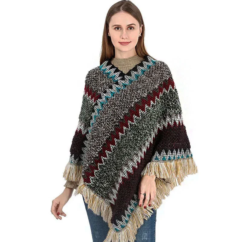 Women's Soft Wool Cashmere Blend Pullover Sweater-Boho Fringe Chevron Striped Pattern Pullover Poncho Sweater