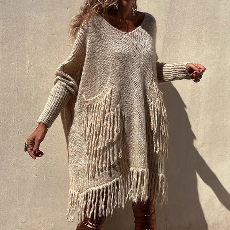 Women's Pullover Sweater with Ribbed Hems-Boho Fringe Trim Patched Pocket V Neck Batwing Sleeve Oversized Pullover Sweater