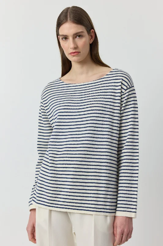 Women's Casual Long Sleeve T-shirt with Comfortable Fit -Breton Long Sleeve Tee - White/Indigo Women's Casual Long Sleeve T-shirt with Comfortable Fit -Breton Long Sleeve Tee - White/Indigo