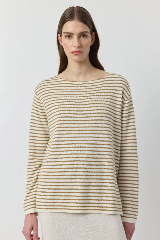 Women's Elegant Long Sleeve Shirt for Evening -Breton Long Sleeve Tee - White/Camel