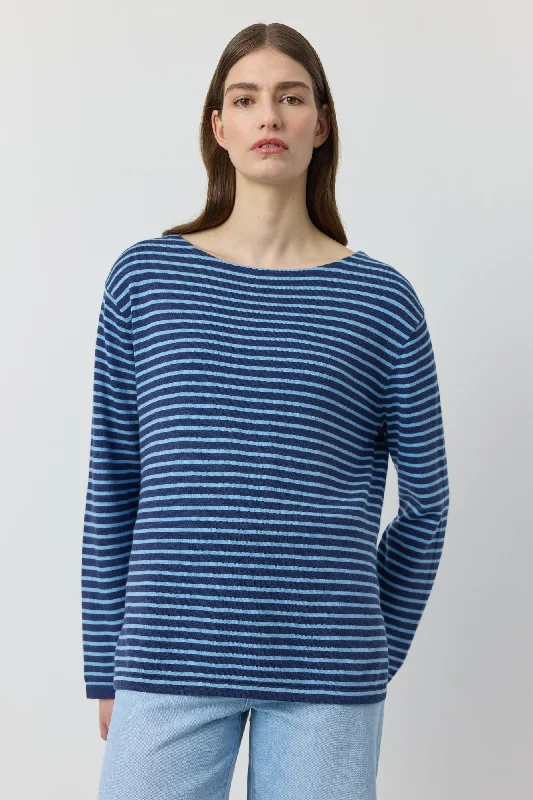 Women's Light Long Sleeve T-shirt for All-day Wear -Breton Long Sleeve Tee - Indigo/Ice Blue Women's Light Long Sleeve T-shirt for All-day Wear -Breton Long Sleeve Tee - Indigo/Ice Blue