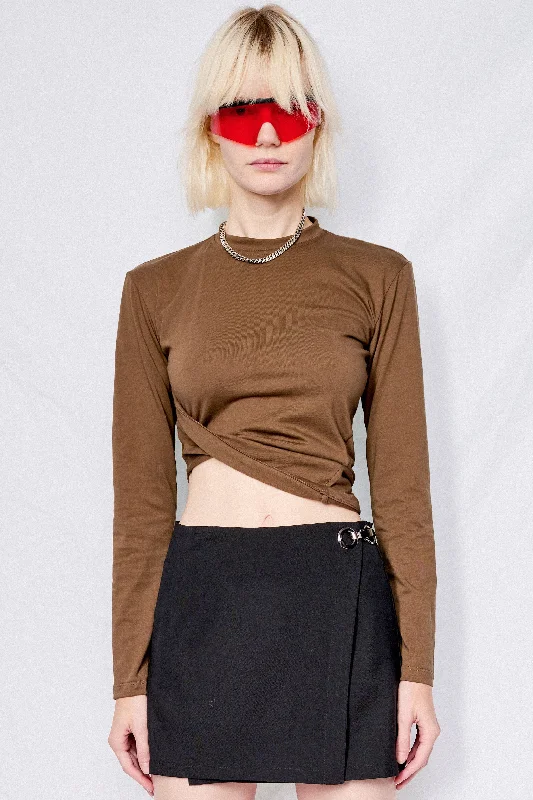 Women's Basic Long Sleeve T-shirt with Ribbed Details -Brown Cotton Twisted Long Sleeve Tee Women's Basic Long Sleeve T-shirt with Ribbed Details -Brown Cotton Twisted Long Sleeve Tee