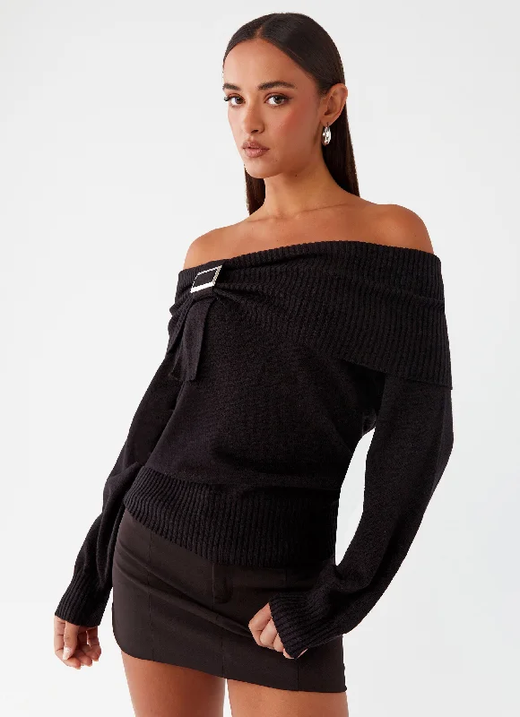 Casual Knit Tops with Buttons-Buckle Up Oversized Bardot Knit Sweater - Black