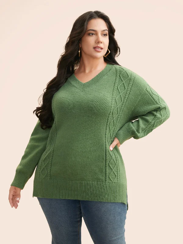 Women's Stylish Wool Pullovers Sweater-Cable Knit Drop Shoulder Slit Hem Pullover