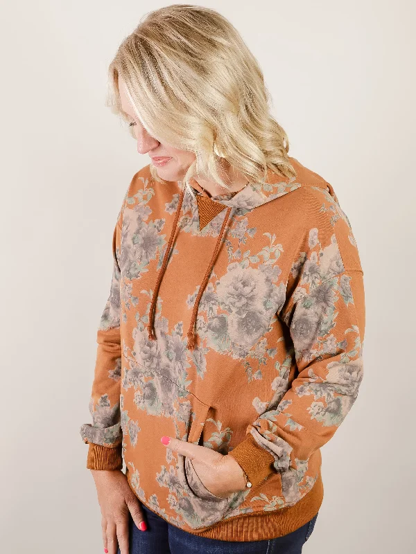 Women's Sweatshirts for Running and Jogging -Camel Floral Print Hooded Sweatshirt