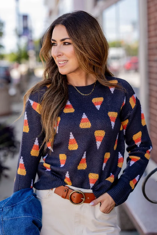 Women's Sweatshirts with Customizable Features -Candy Corn Knit Sweater