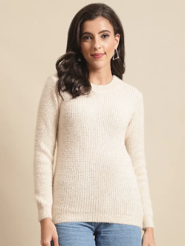 Women's Warm Knit Pullovers Sweater-Women's Casual  Beige Round neck Pullover Sweater