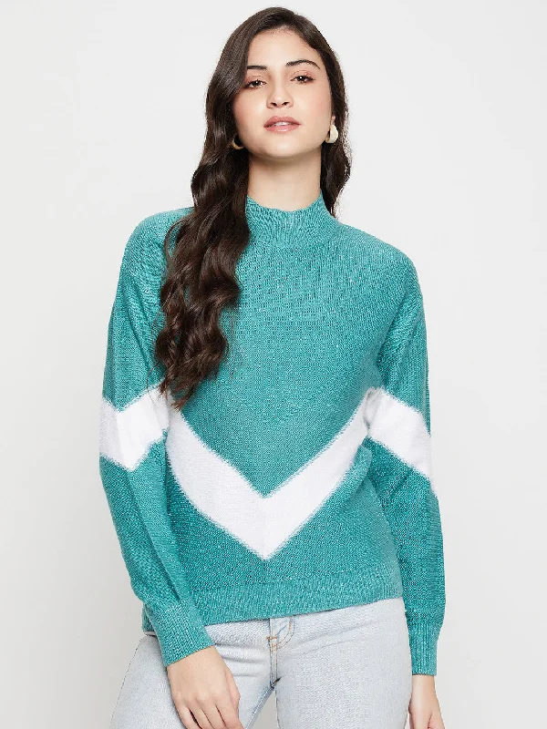 Women's Plain Knit Pullovers Sweater-Women's Casual Aqua High neck Color Block Pullover Sweater Women's Plain Knit Pullovers Sweater-Women's Casual Aqua High neck Color Block Pullover Sweater