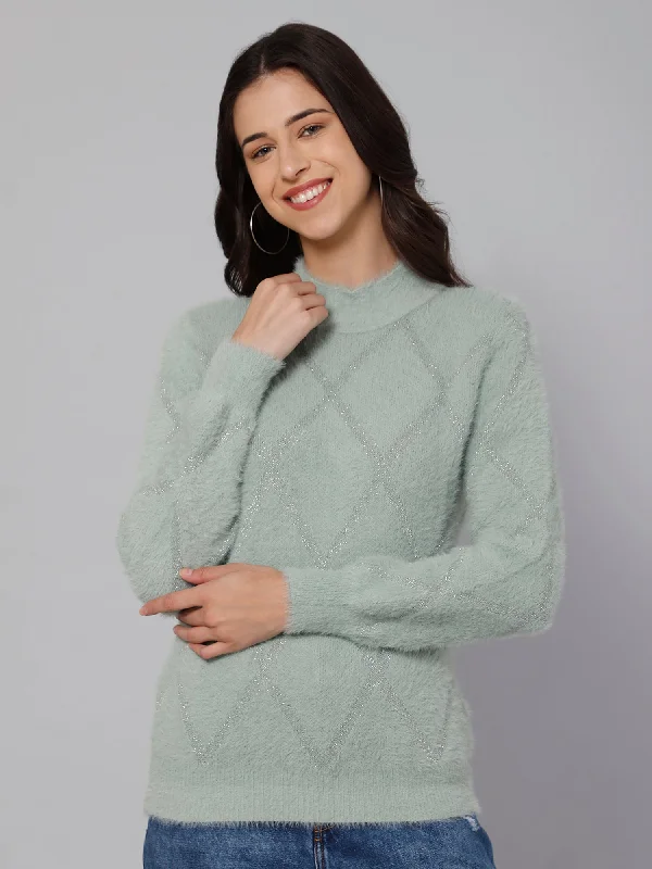 Women's Pullovers Sweater with Faux Fur Detail-Women's Casual  Green High neck Pullover Sweater