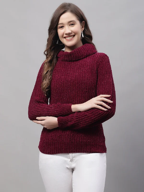 Women's Warm Pullovers Sweater-Women's Casual  Maroon Turtle neck Pullover Sweater