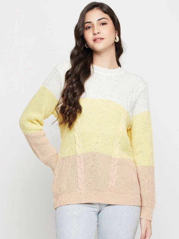 Women's Lightweight Pullovers Sweater for Work-Women's Casual OffWhite Round neck Color Block Pullover Sweater Women's Lightweight Pullovers Sweater for Work-Women's Casual OffWhite Round neck Color Block Pullover Sweater