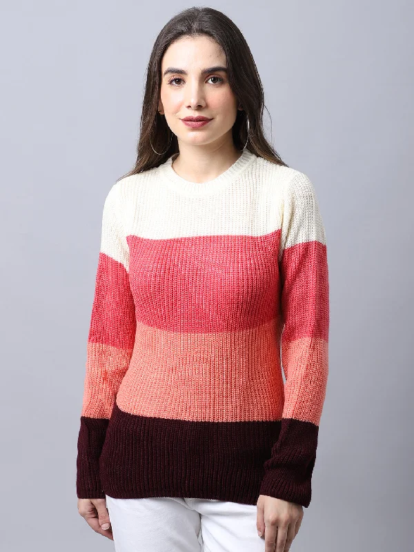 Women's Pullovers Sweater with Embroidered Details-Women's Casual Pink Round neck Color block Pullover Sweater Women's Pullovers Sweater with Embroidered Details-Women's Casual Pink Round neck Color block Pullover Sweater