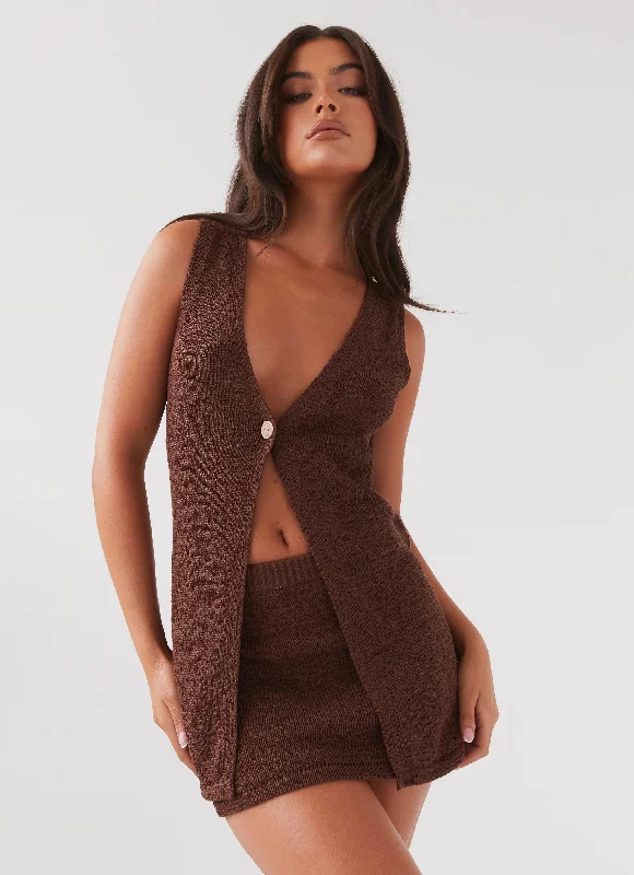 Button Front Knit Tops-Capri Glow Knit Top - Chocolate