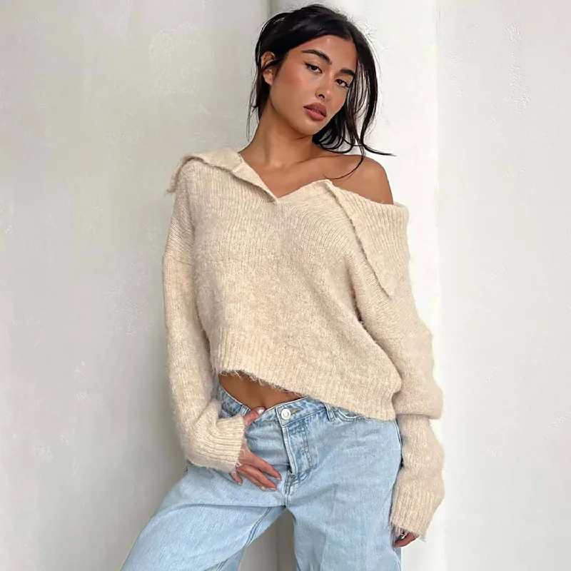 Women's Pullover Sweater with Solid Wool Fabric-Casual Foldover Collar V Neck Drop Shoulder Apricot Pullover Cropped Sweater