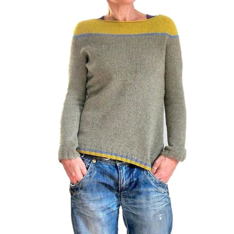 Women's Pullovers Sweater with Ribbed Edges-Casual Roll Trim Boat Neck Long Sleeve Colorblock Striped Pullover Sweater Women's Pullovers Sweater with Ribbed Edges-Casual Roll Trim Boat Neck Long Sleeve Colorblock Striped Pullover Sweater