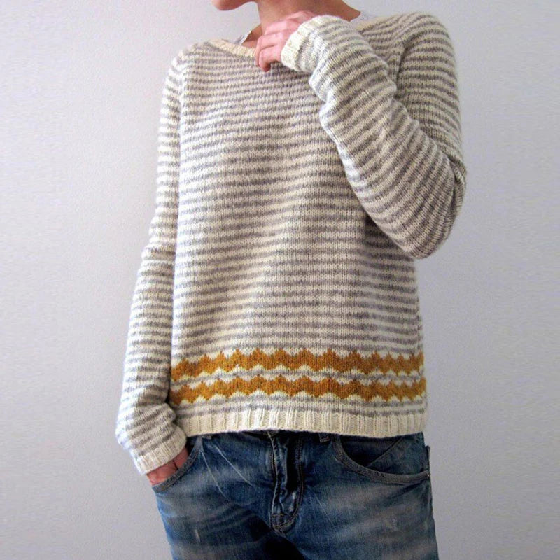 Women's Wool Cashmere Blend Pullover Sweater-Casual Roll Trim Boat Neck Long Sleeve Colorblock Striped Pullover Sweater