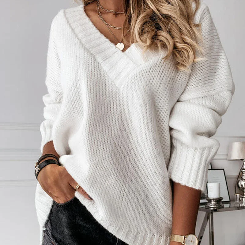 Women's Warm Knit Wool Pullover Sweater with Cuffs-Casual Solid White Color V Neck Drop Shoulder Pullover Sweater