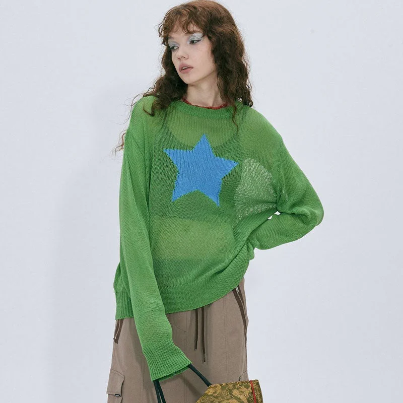 Women's Wool Pullover Sweater for Autumn Style-Casual Star Print Crew Neck Long Sleeve Sheer Knit Pullover Sweater Women's Wool Pullover Sweater for Autumn Style-Casual Star Print Crew Neck Long Sleeve Sheer Knit Pullover Sweater
