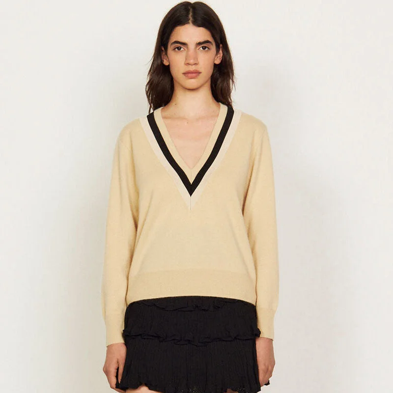 Women's Solid Color Pullovers Sweater-Casual Striped Deep V Neck Long Sleeve Pullover Sweater - Apricot