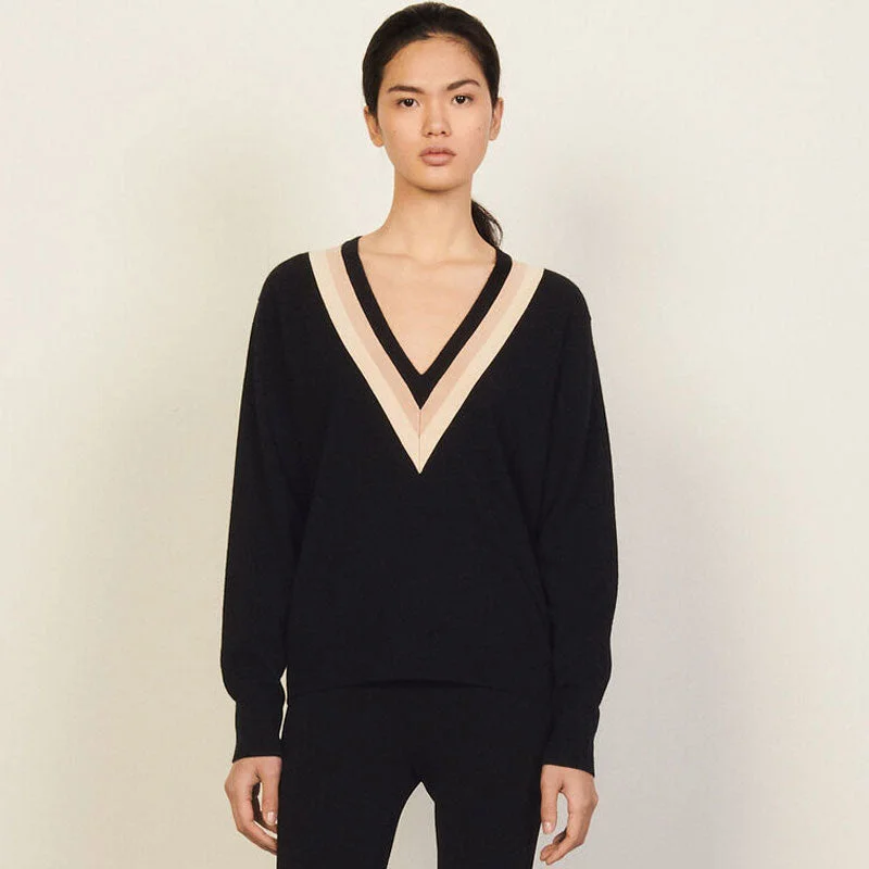 Women's Pullovers Sweater with Zipper-Casual Striped Deep V Neck Long Sleeve Pullover Sweater - Black