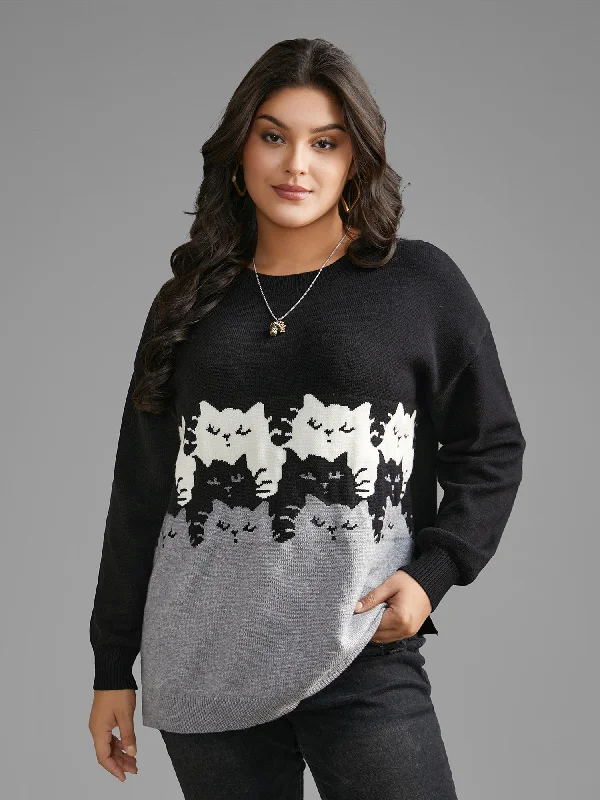 Women's Pullovers Sweater with Turtle Neck-Cat Contrast Drop Shoulder Pullover
