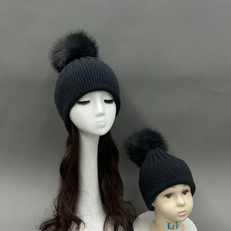 High Neck Women's Knit Sweater -Charcoal Faux Fur Bobble Hat