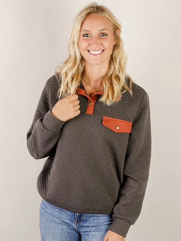 Women's Sweatshirts for Fitness Wear -Charcoal Quilted Pullover with Orange Detail