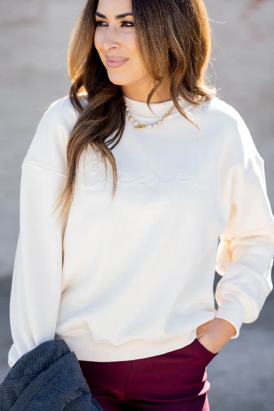 Women's Sweatshirts with Bold Logos -Cheerful Cursive Embossed Crewneck