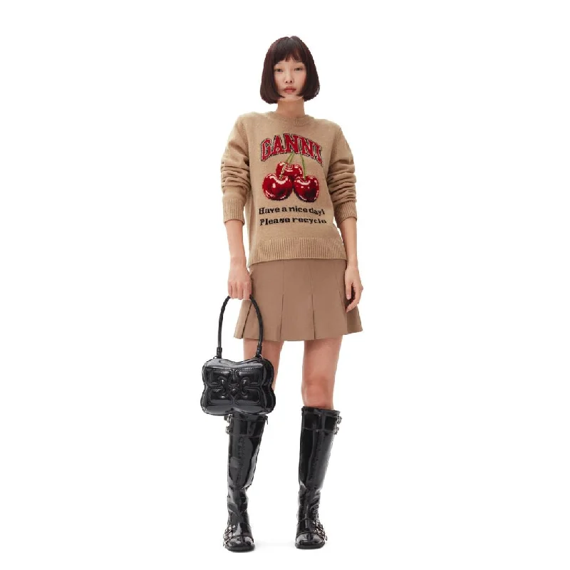 Knit Tops for Chilly Evenings-Cherry Graphic O-Neck Pullover (Safari)