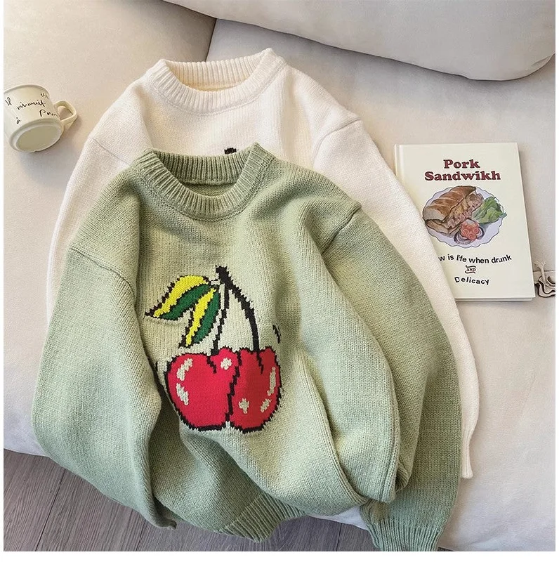 Women's Pullover Sweater for Relaxed Comfort-cherry jacquard round neck sweater for women pullover sweater    S4920