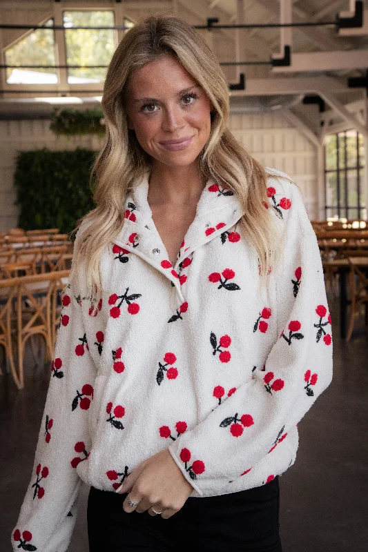 Women's Sweatshirts with Adjustable Fit -Cherry Snap Button Pullover, Cream