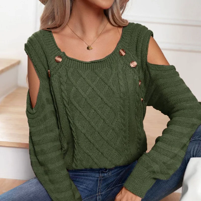 Women's Long Pullover Sweater for Layering-Chic Button Trim Round Neck Cold Shoulder Fisherman Cable Knit Pullover Sweater
