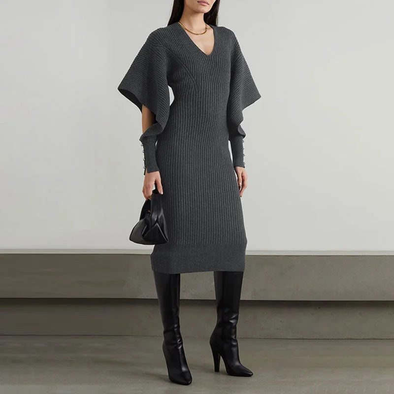 Women's Sweaterdress with Thick Yarn Knit -Chic Monochrome V Neck Cutout Balloon Sleeve Rib Knit Bodycon Sweater Midi Dress Women's Sweaterdress with Thick Yarn Knit -Chic Monochrome V Neck Cutout Balloon Sleeve Rib Knit Bodycon Sweater Midi Dress