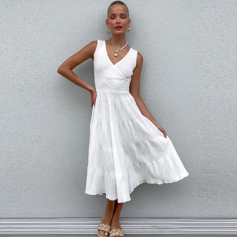 Casual Chic Sweaterdress for Women -Chic V Neck Cutout Back Fit and Flare Sleeveless Rib Knit Midi Dress Casual Chic Sweaterdress for Women -Chic V Neck Cutout Back Fit and Flare Sleeveless Rib Knit Midi Dress