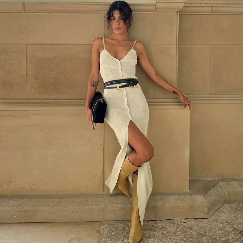Women's Sweaterdress with Knit Design -Chic V Neck Sleeveless Button Front Slit Bodycon White Rib Knit Dress Women's Sweaterdress with Knit Design -Chic V Neck Sleeveless Button Front Slit Bodycon White Rib Knit Dress