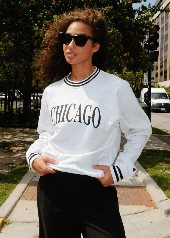 Women's Sweatshirts with Trendy Prints -Chicago Champion Striped Rib Crewneck - Black Women's Sweatshirts with Trendy Prints -Chicago Champion Striped Rib Crewneck - Black