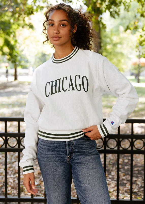Women's Sweatshirts for Sporty Vibe -Chicago Champion Striped Rib Crewneck - Green