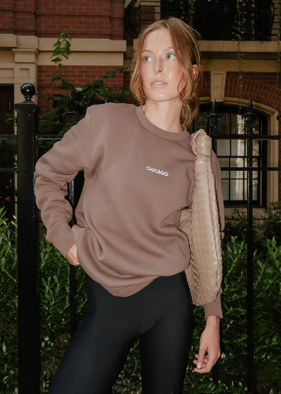 Women's Sweatshirts for Light Workouts -Chicago. Embroidered Crewneck - Walnut & White Women's Sweatshirts for Light Workouts -Chicago. Embroidered Crewneck - Walnut & White